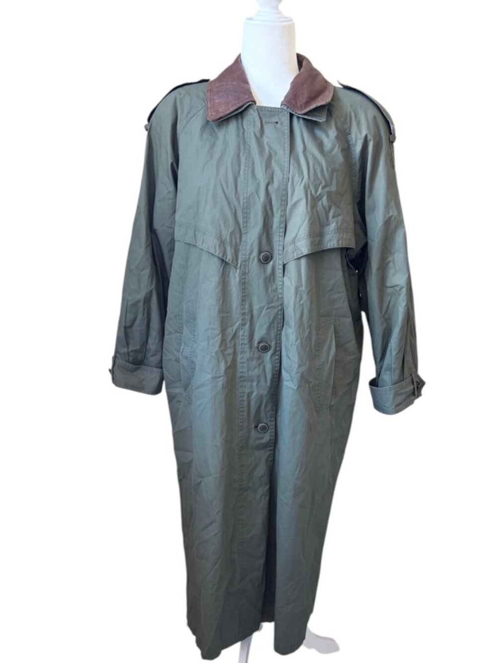 Vintage J Gallery Olive Green Long Trench Coat with Brown Leather Collar Size 12 - Picture 4 of 12